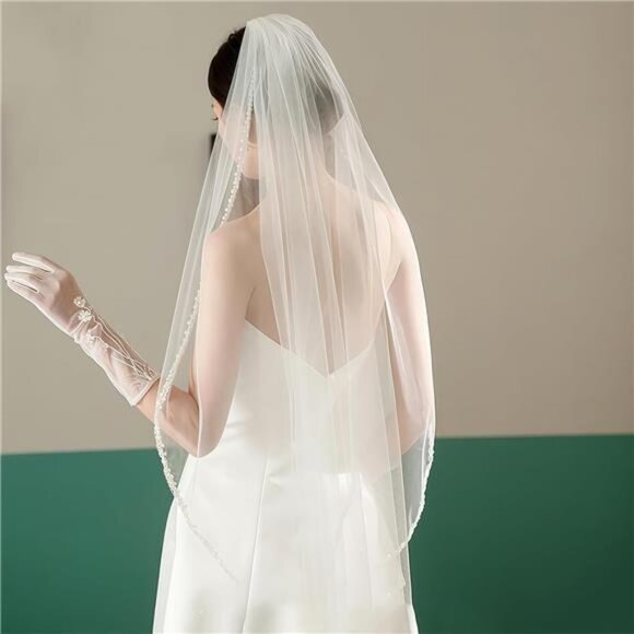 Wedding Veil Pearls and Crystals Beaded Edge 1 Tier Fingertip Length Bridal Veil main image 6